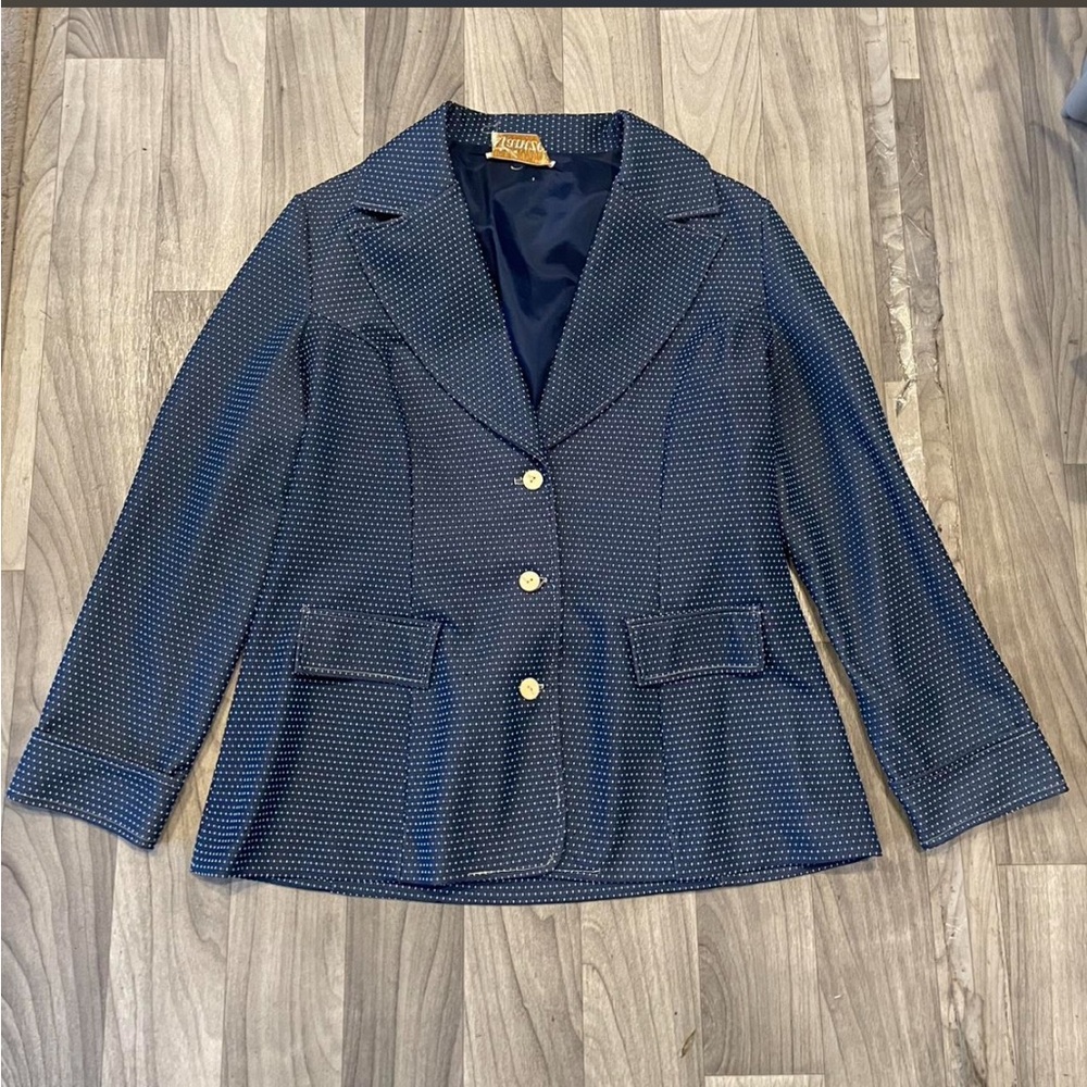Vintage 70s polka dot blazer jacket womens large - xl fit navy blue JANTZEN